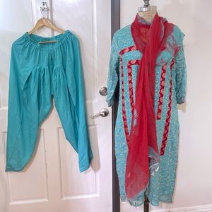 Embroidered Pakistani Suit in Turquoise Green and Silver Threads